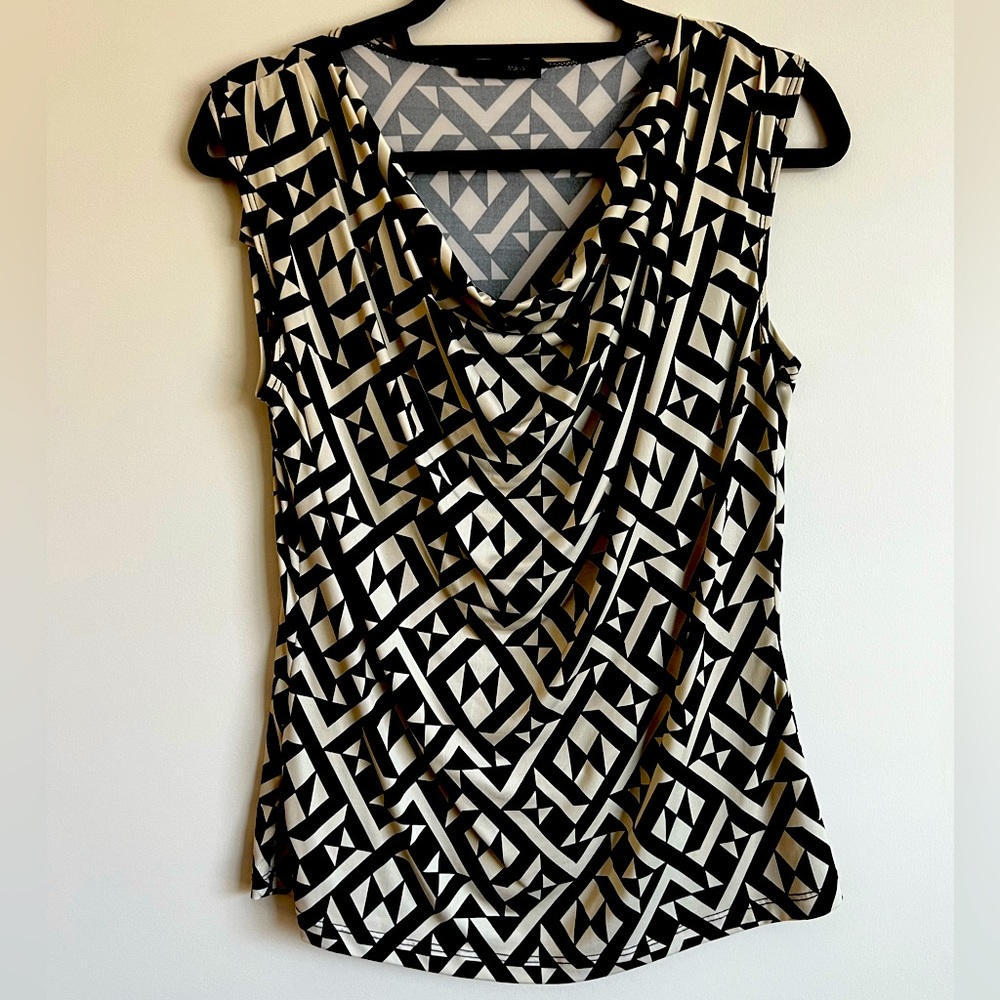 Jennie and Marlis sleeveless draped neck cowl top black and beige/cream